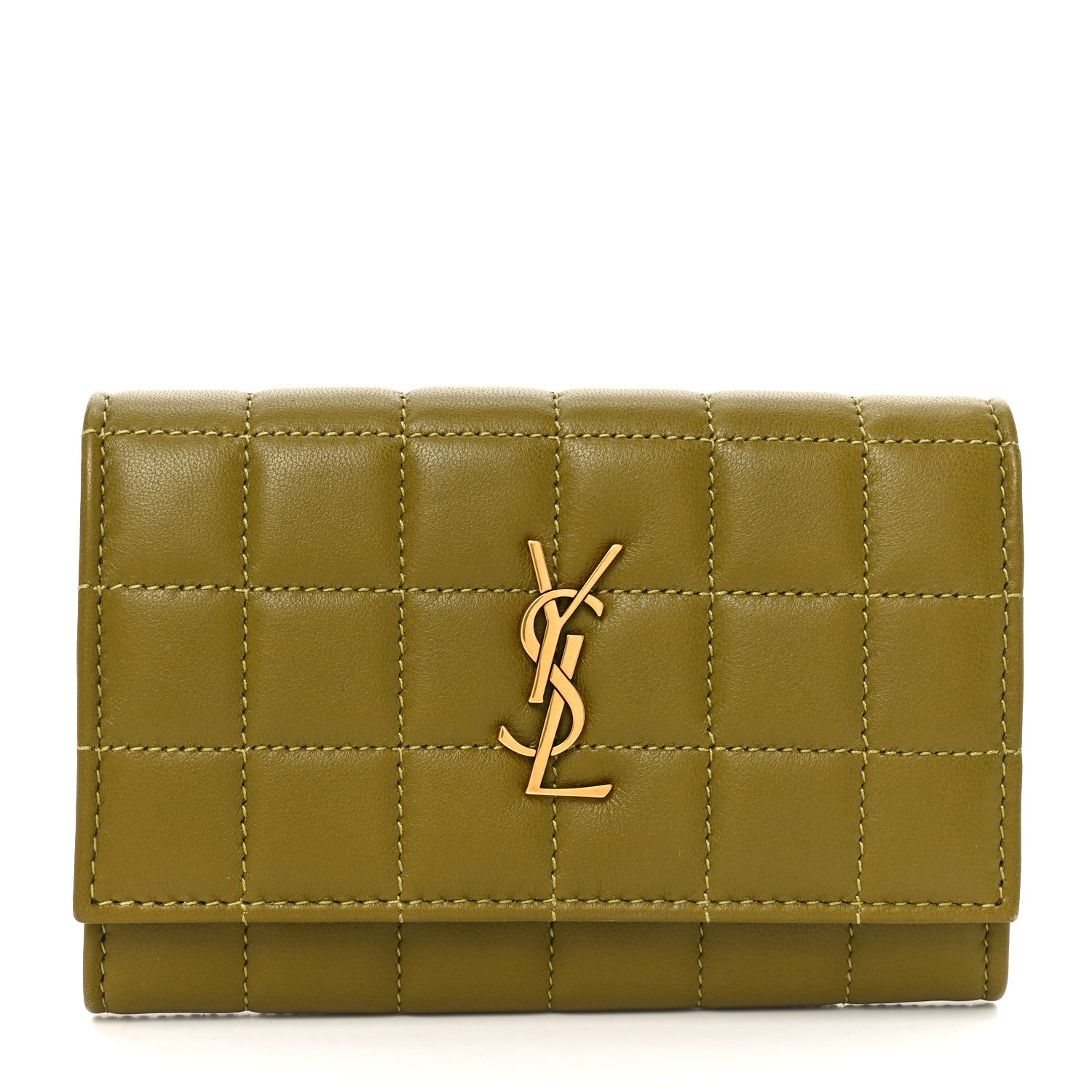 Saint Laurent Lambskin Carre Quilted Cassandre Small Envelope Wallet Olive Drab 1 of 6