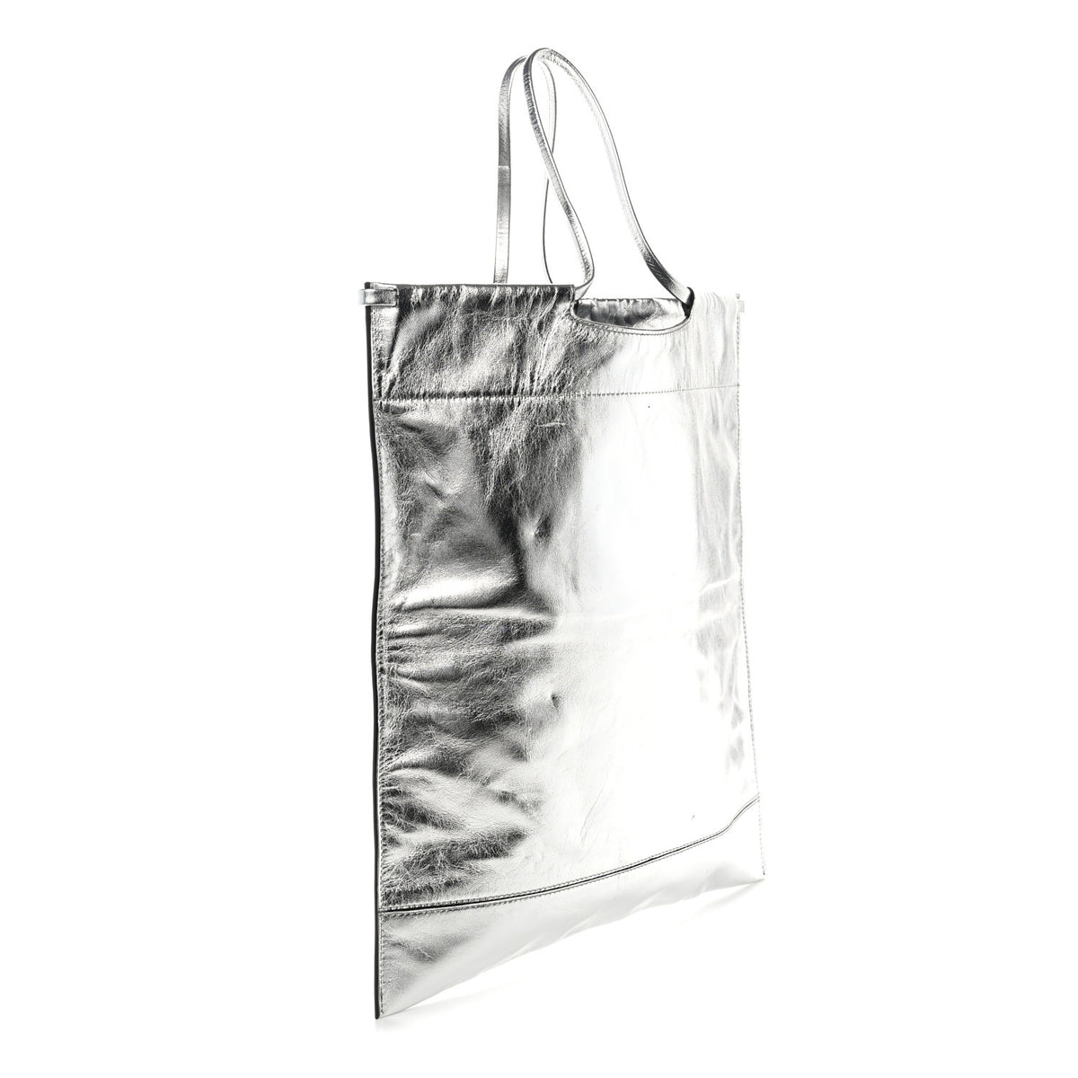 Metallic Calfskin Flat Drawstring Tote Silver