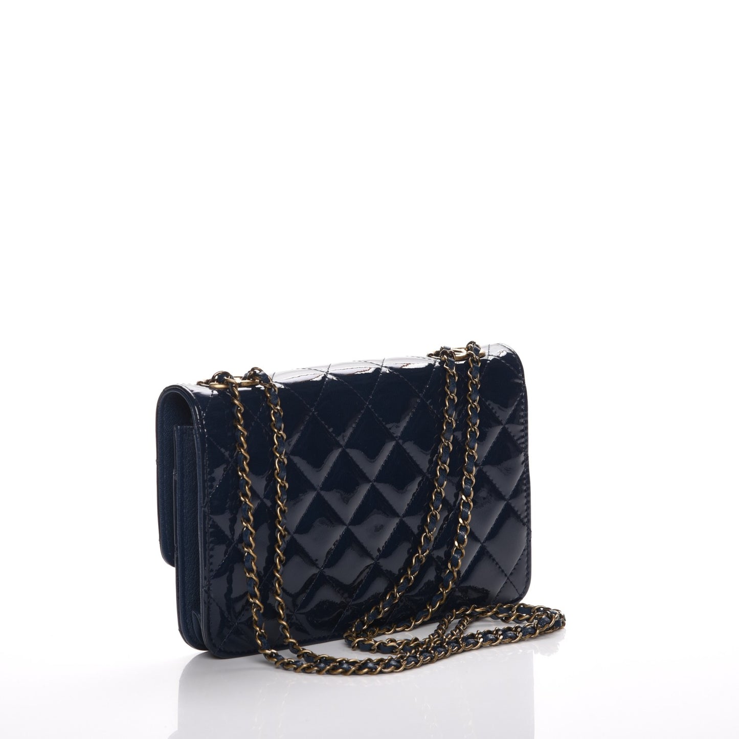 Patent Goatskin Quilted CC Eyelet Wallet On Chain WOC Blue
