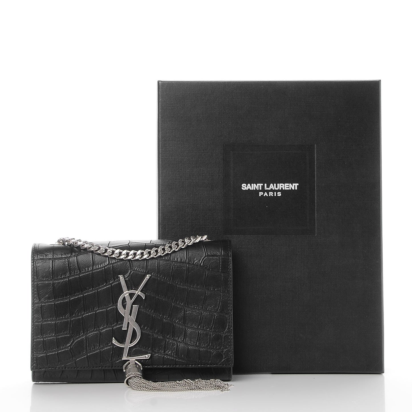 Calfskin Crocodile Embossed Monogram Small Kate Tassel Satchel Black