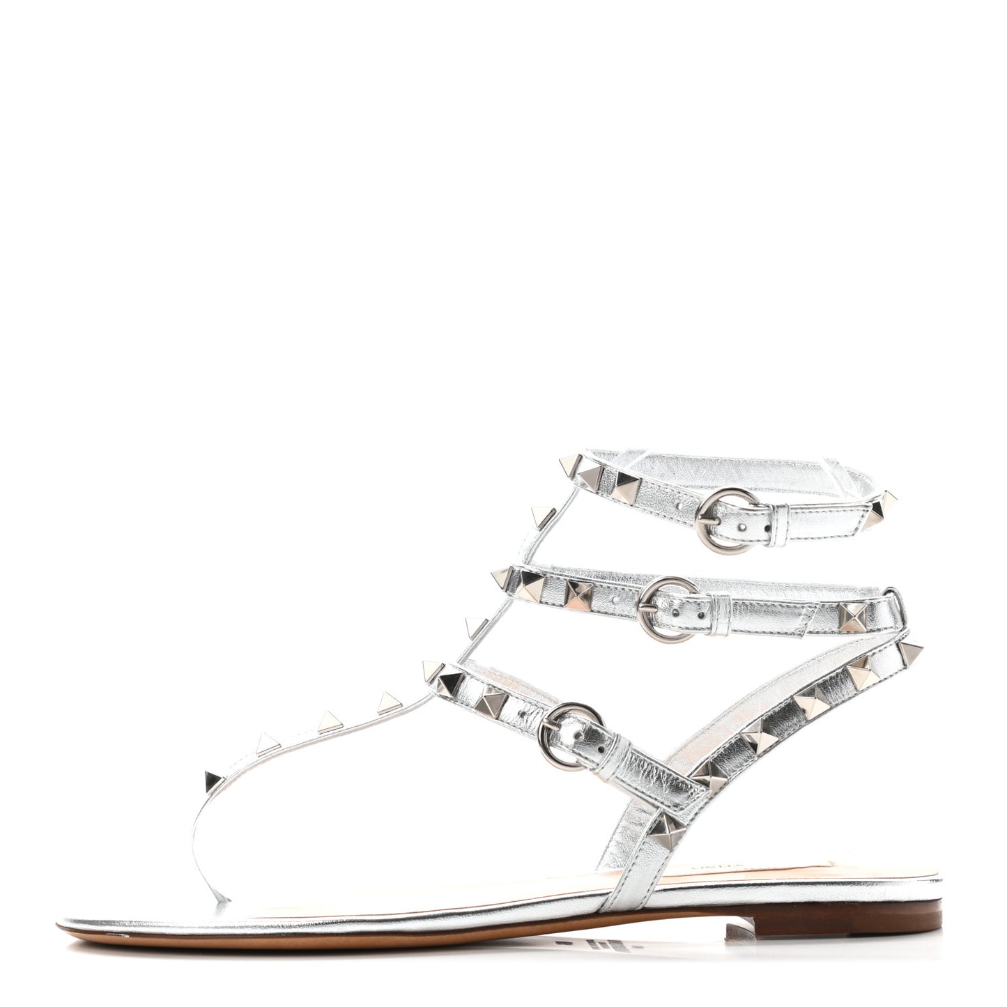 Metallic Nappa Rockstud Ankle Wrap Flat Thong Sandals 38 Silver