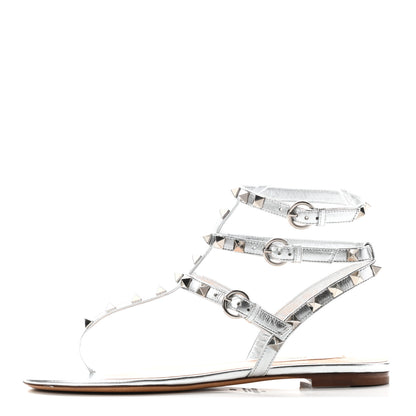 Valentino Garavani Metallic Nappa Rockstud Ankle Wrap Flat Thong Sandals 38 Silver 1 of 9