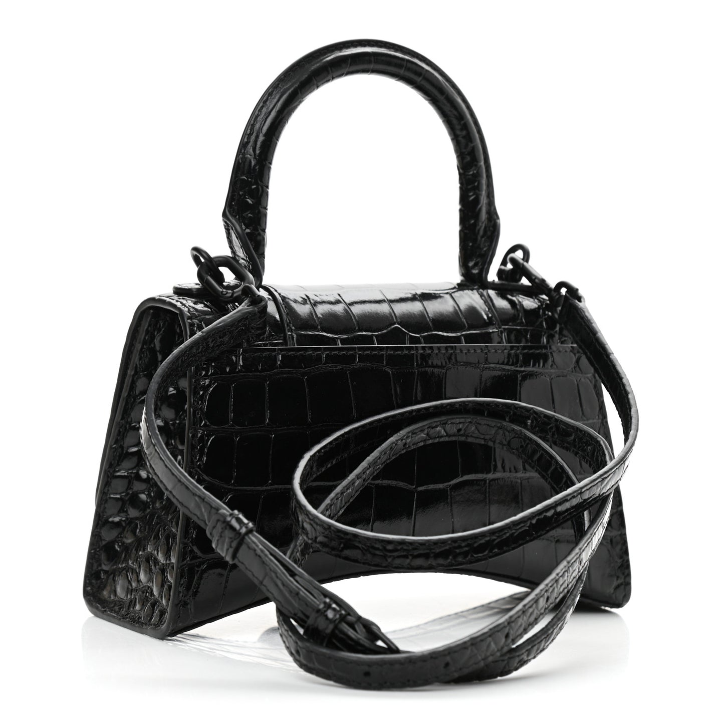 Shiny Calfskin Monochrome Crocodile Embossed Hourglass Top Handle Bag XS Black