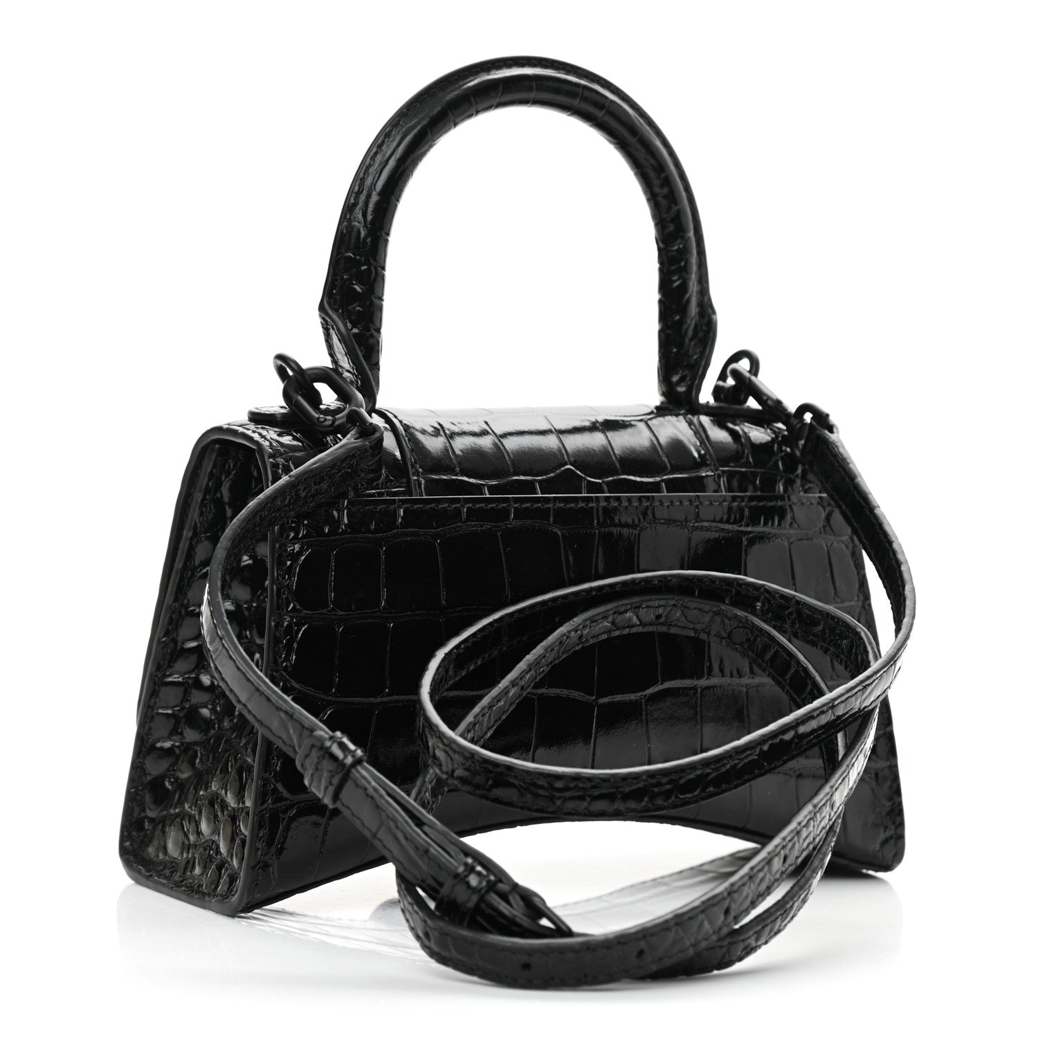 Balenciaga Shiny Calfskin Monochrome Crocodile Embossed Hourglass Top Handle Bag XS Black 2 of 8