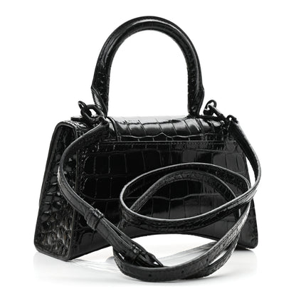 Balenciaga Shiny Calfskin Monochrome Crocodile Embossed Hourglass Top Handle Bag XS Black 2 of 8
