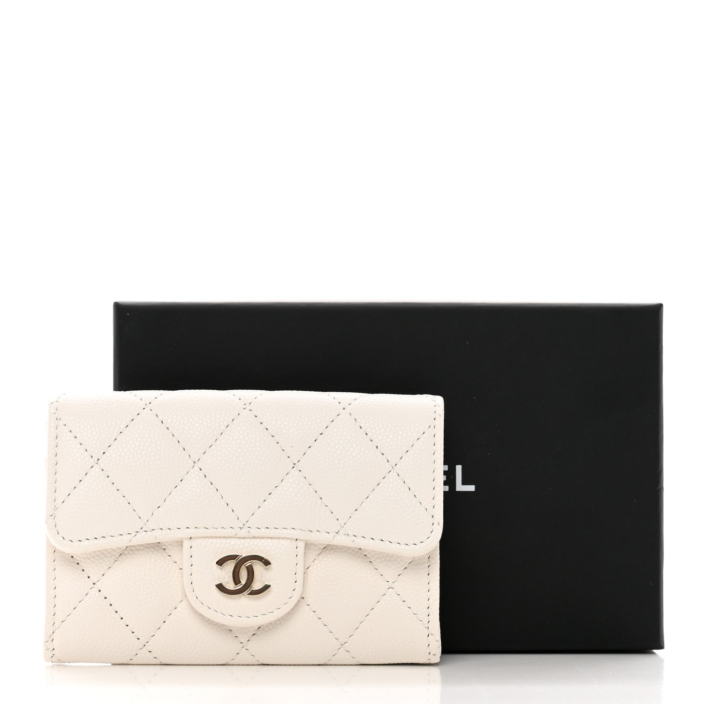 Caviar Quilted Flap Card Holder Wallet White