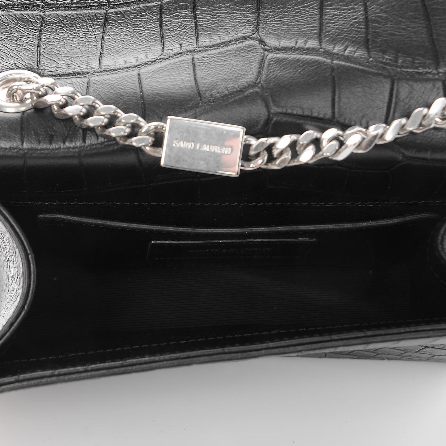 Calfskin Crocodile Embossed Monogram Small Kate Tassel Satchel Black