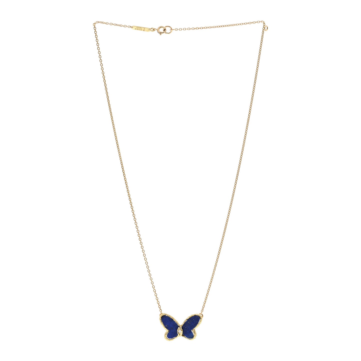 18K Yellow Gold Diamond Lapis Vintage Alhambra Butterfly Pendant Necklace