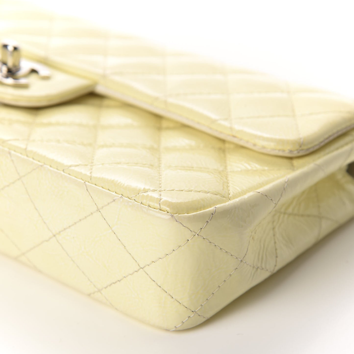 Distressed Patent Calfskin Quilted East West Flap Clutch Ivory