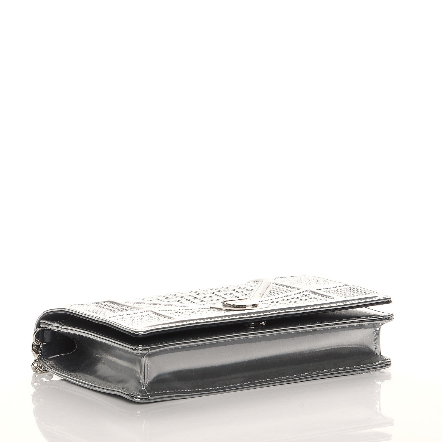 Christian Dior Metallic Patent Micro-Cannage Diorama Wallet on Chain Pouch Silver 4 of 9