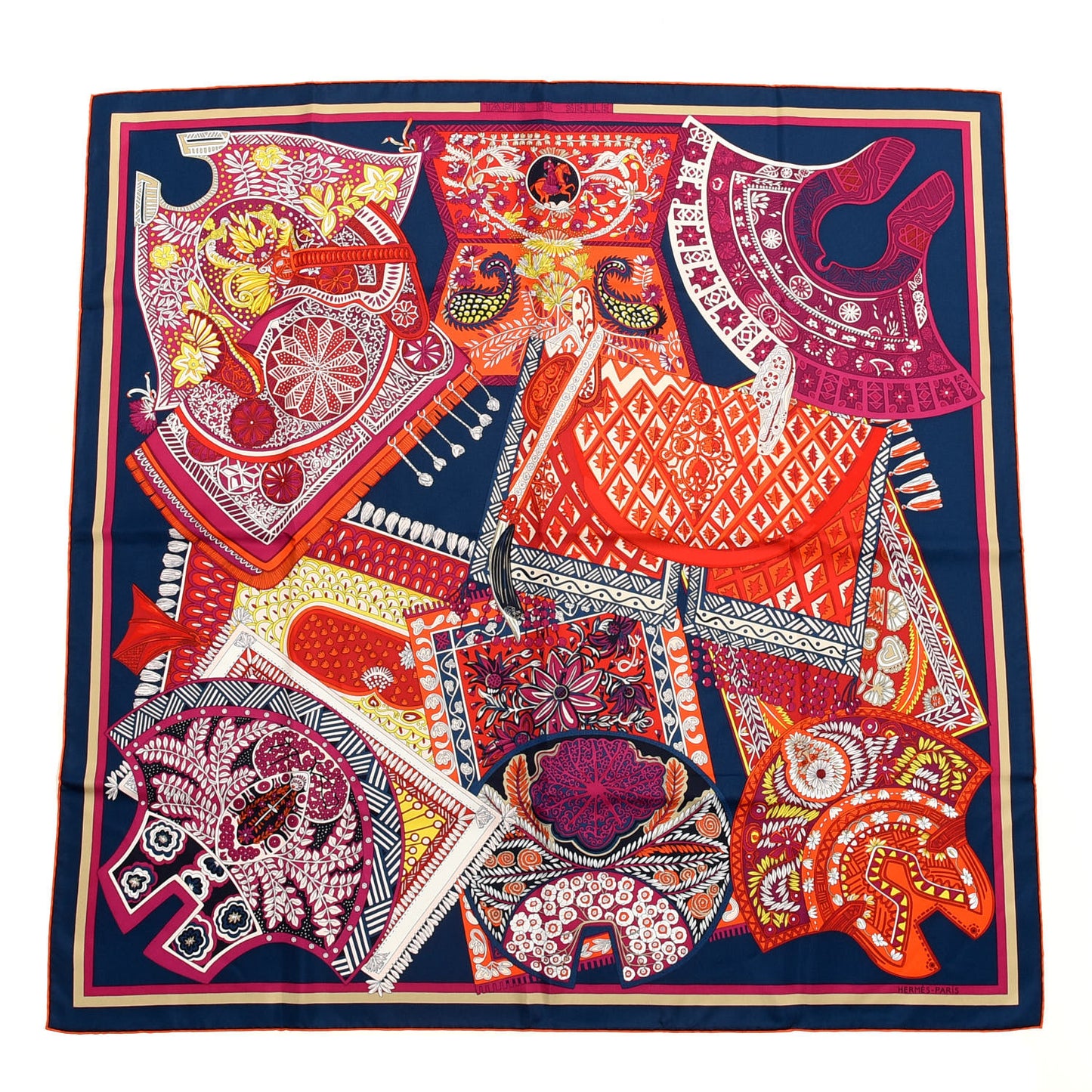 Silk Tapis De Selle Scarf 90 Marine Violet Rouge