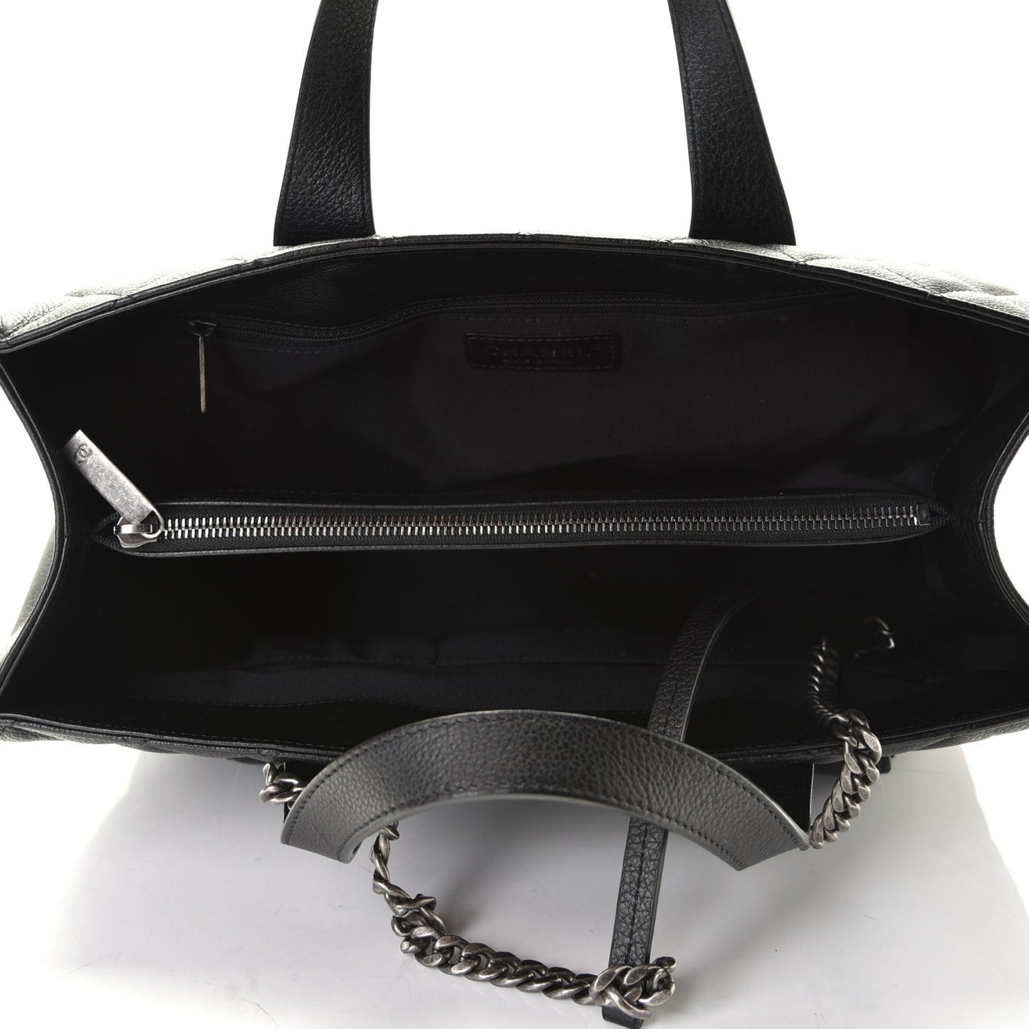Metallic Grained Calfskin Quilted Large Casual Pocket Tote Black