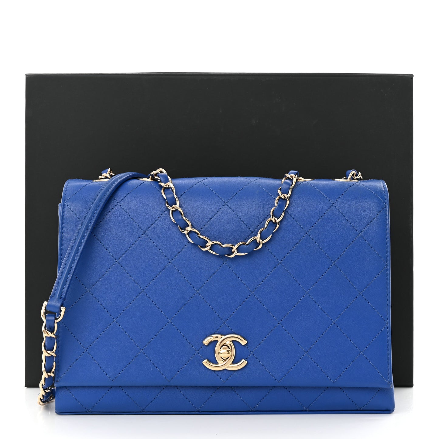 Calfskin Stitched Large Single Flap Royal Blue
