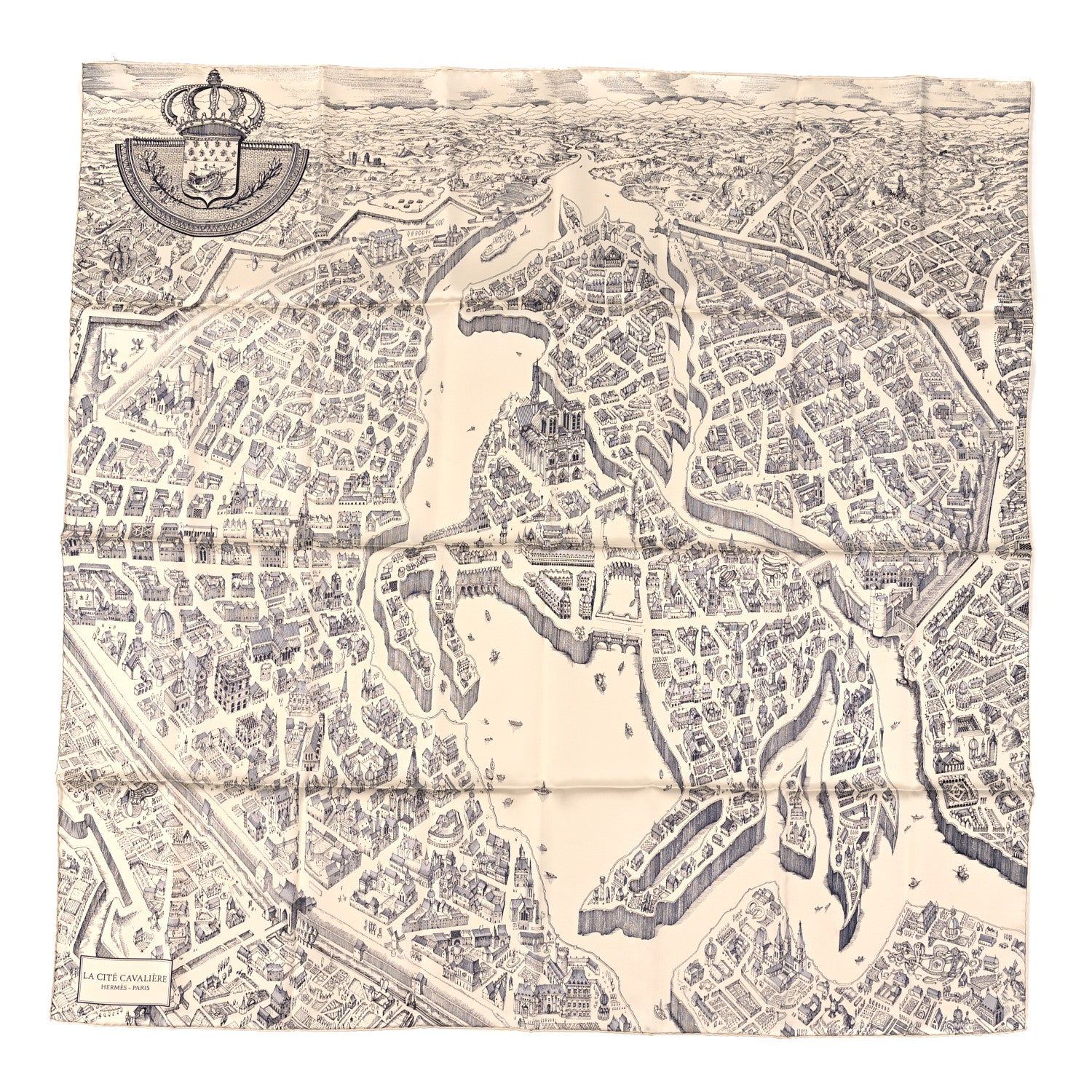 Hermes Silk Twill La Cite Cavaliere Scarf 90 Ivorie Anthracite 1 of 3