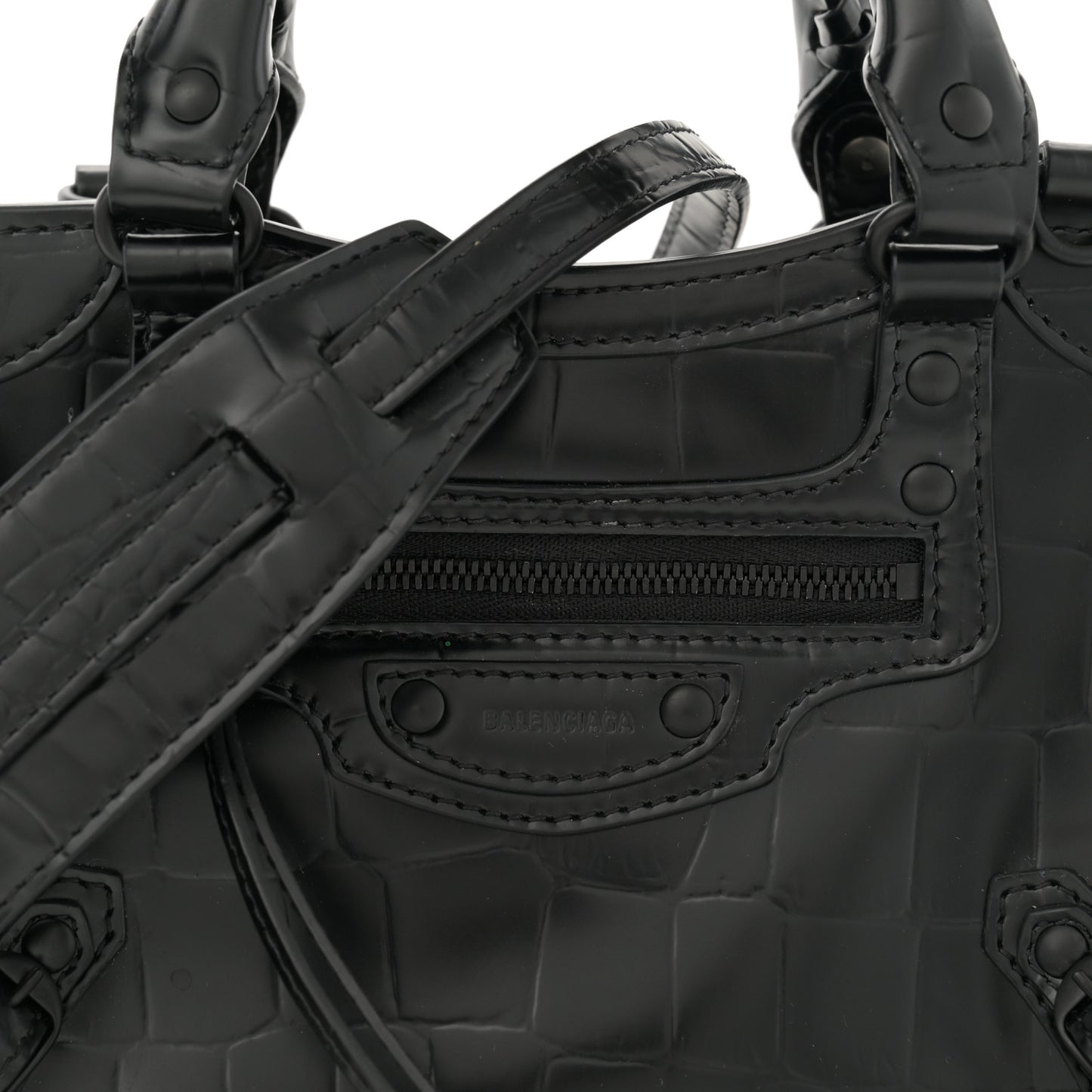 Semi Shiny Calfskin Crocodile Embossed Neo Classic Black Hardware Mini City Black