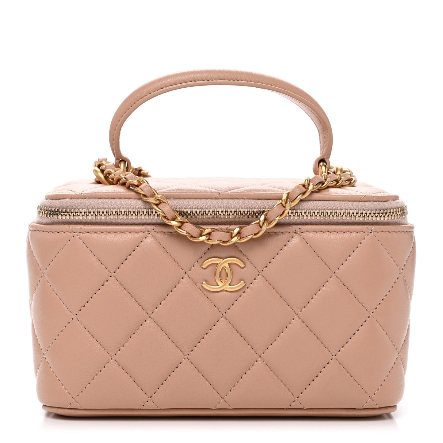 Lambskin Quilted Small Top Handle Vanity Case With Chain Beige