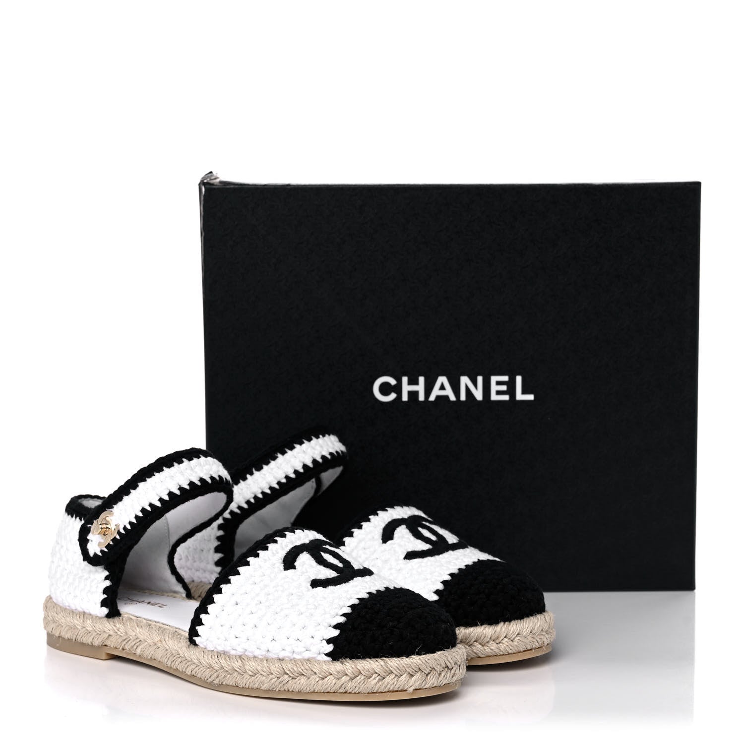 Chanel Braided Knit Cap Toe CC Ankle Strap Espadrilles 39 White Black 10 of 10