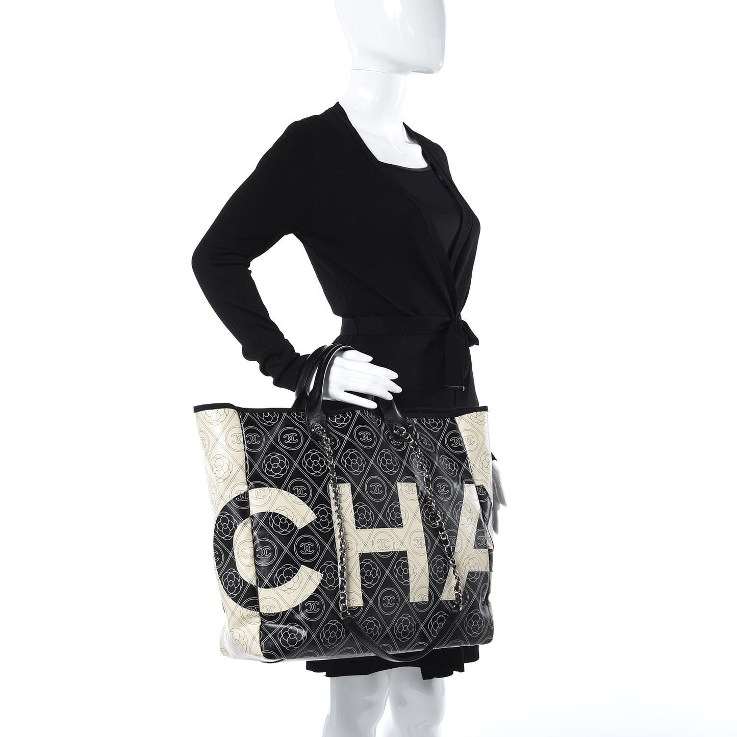 Coated Canvas Camellia Medium Shopping Tote Black Beige