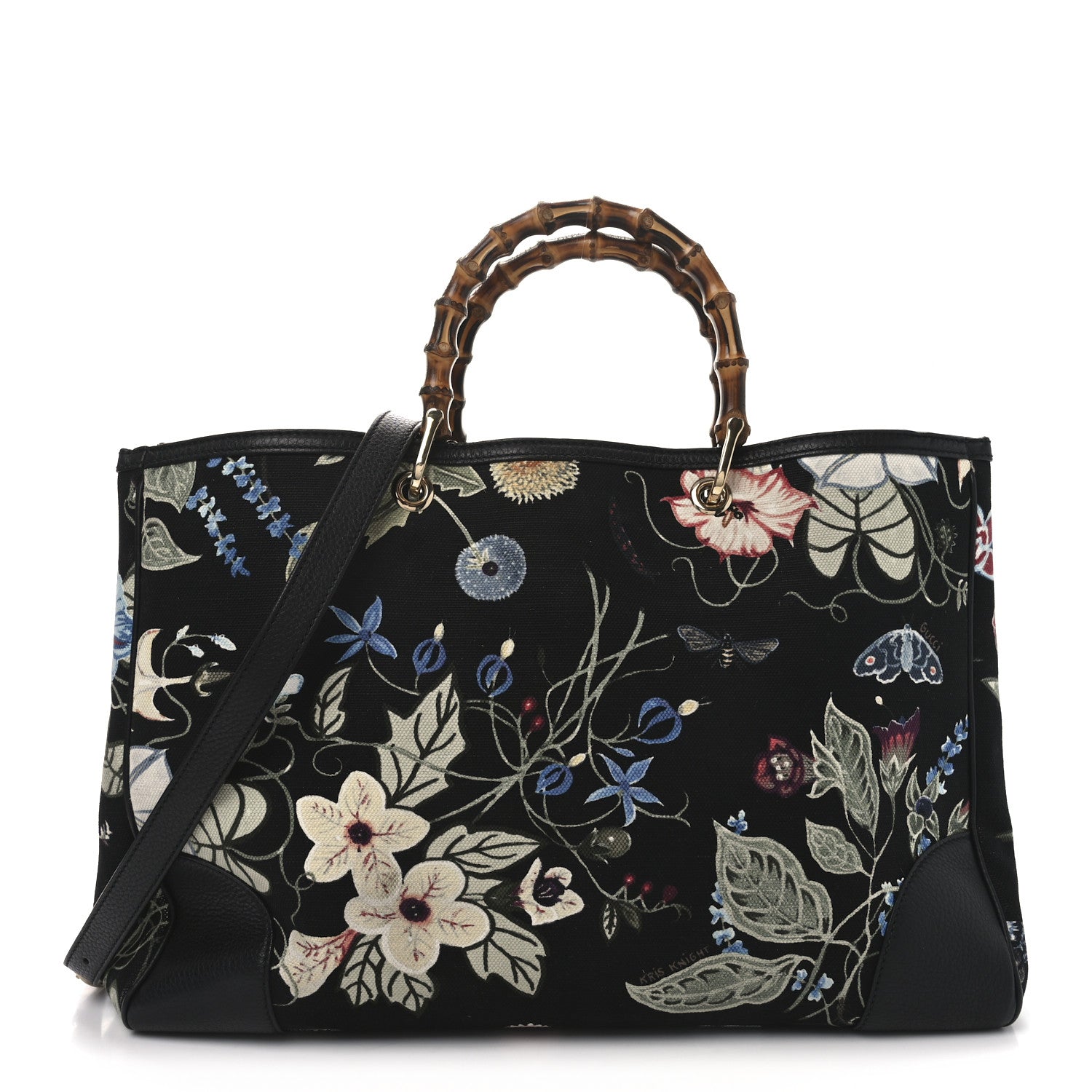 Gucci Canvas Cellarius Calfskin Flora Knight Large Bamboo Shopper Tote Black 1 of 11