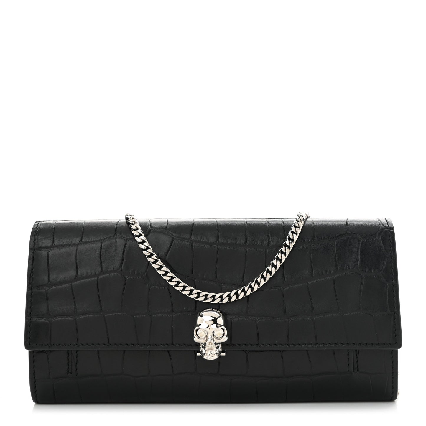 Calfskin Crocodile Embossed Skull Wallet on Chain Black