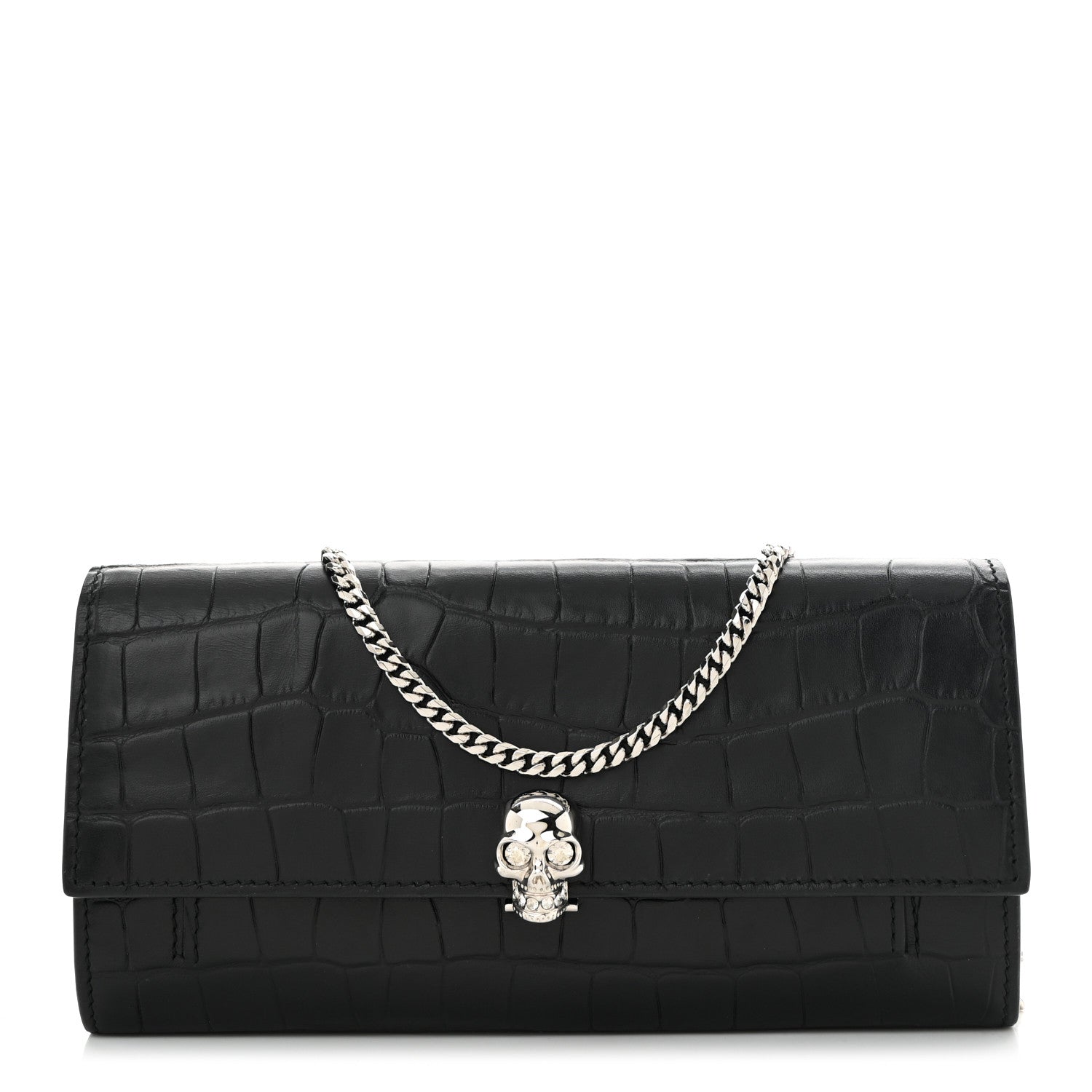 Alexander McQueen Calfskin Crocodile Embossed Skull Wallet on Chain Black 1 of 11