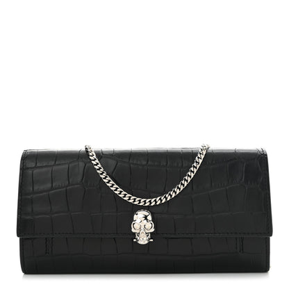 Alexander McQueen Calfskin Crocodile Embossed Skull Wallet on Chain Black 1 of 11