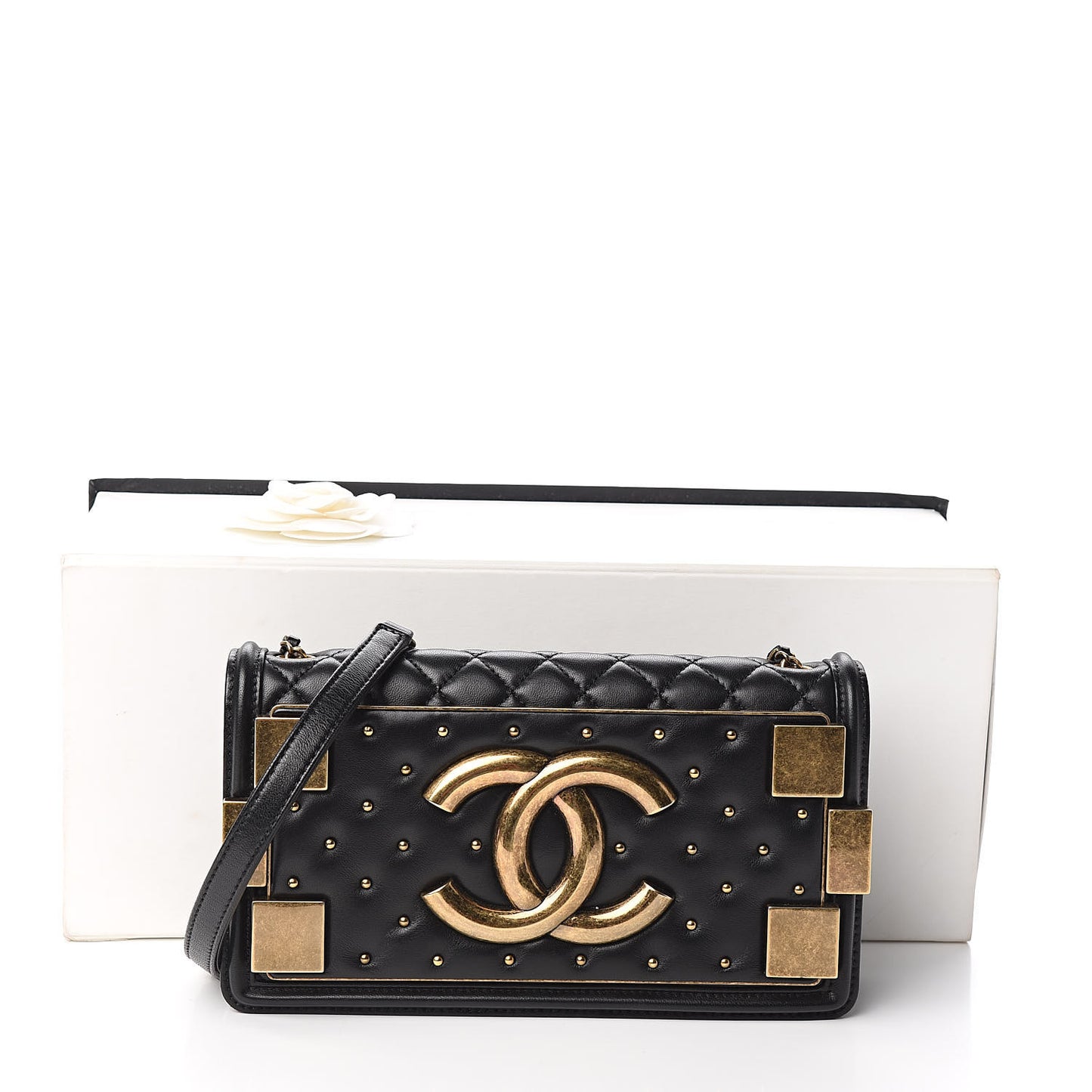 Lambskin Quilted Horizontal Boy Brick Studded Flap Black