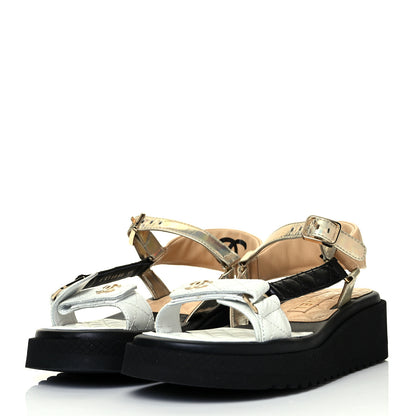 Chanel Lambskin Logo Platform Sandals 39 Beige Gold White 3 of 9