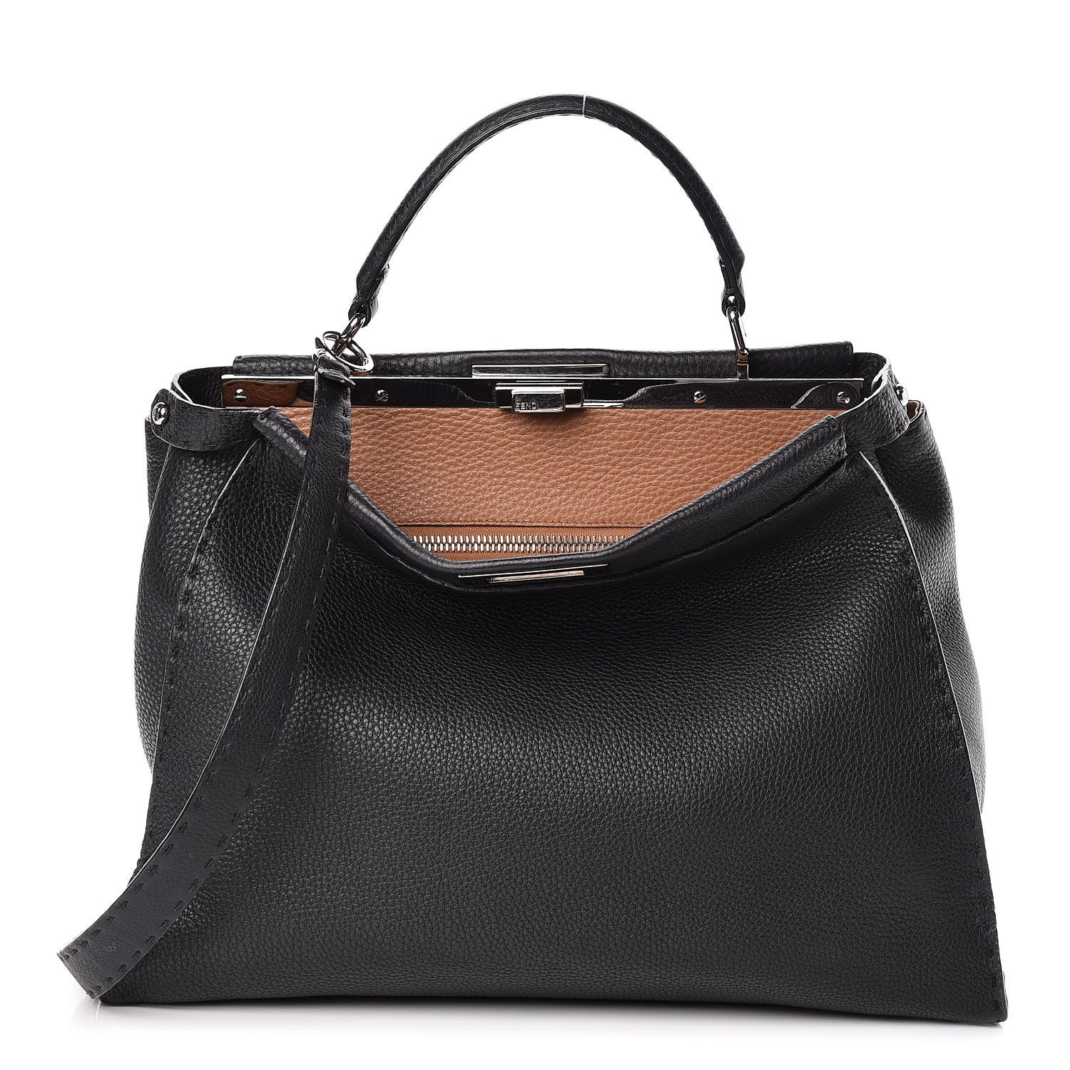 Fendi Cuoio Romano Selleria Bi-Color Large Peekaboo Iconic Satchel Black Mou 1 of 17