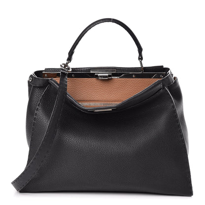 Fendi Cuoio Romano Selleria Bi-Color Large Peekaboo Iconic Satchel Black Mou 1 of 17