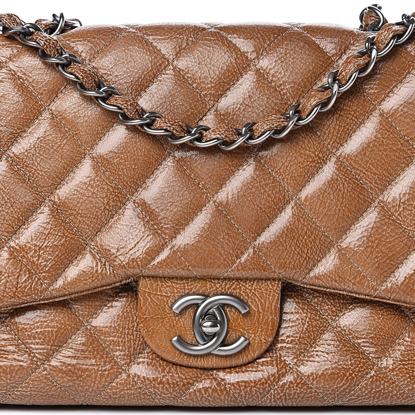 Crinkled Patent Quilted Jumbo Single Flap Light Beige