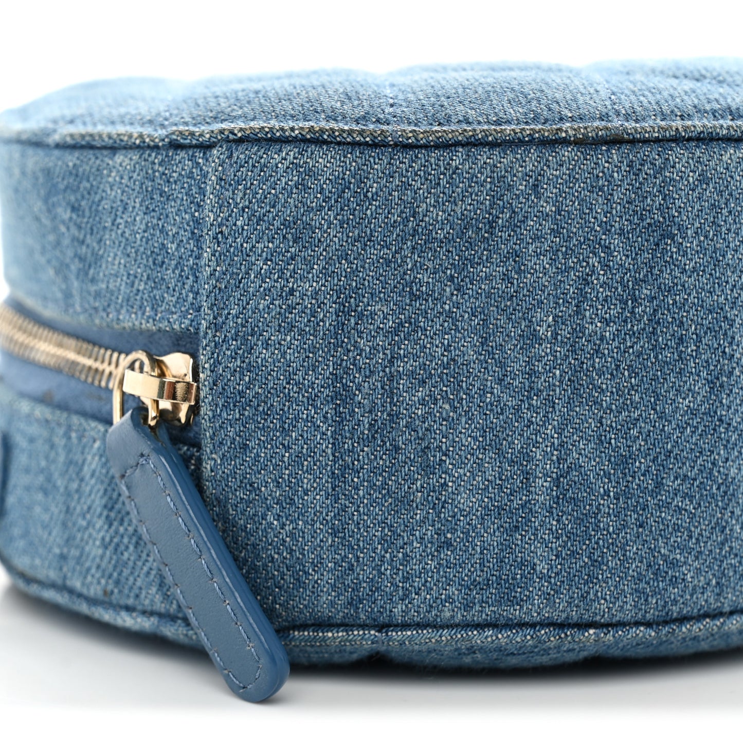 Denim Quilted Round Pearl Crush Clutch With Chain Blue