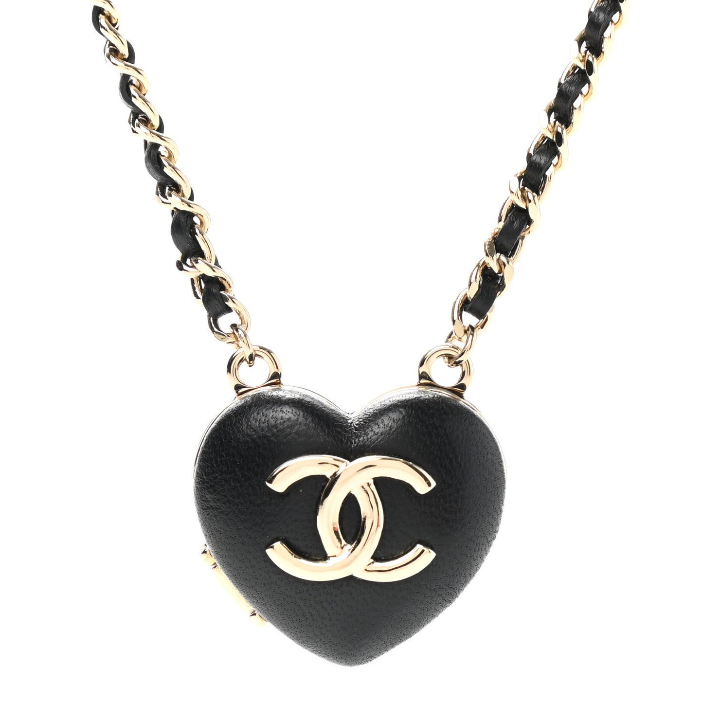 Lambskin CC Heart Mirror Locket Necklace Gold Black