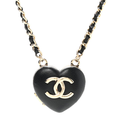 Chanel Lambskin CC Heart Mirror Locket Necklace Gold Black 6 of 8