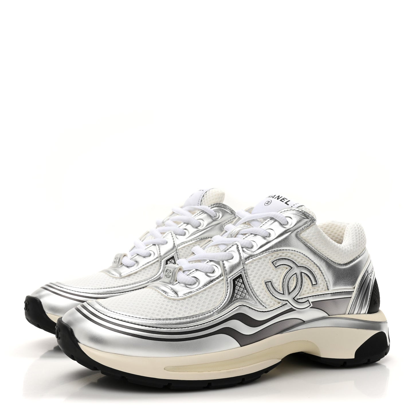 Fabric Laminated Calfskin Stretch CC Womens Sneakers 40 White Silver