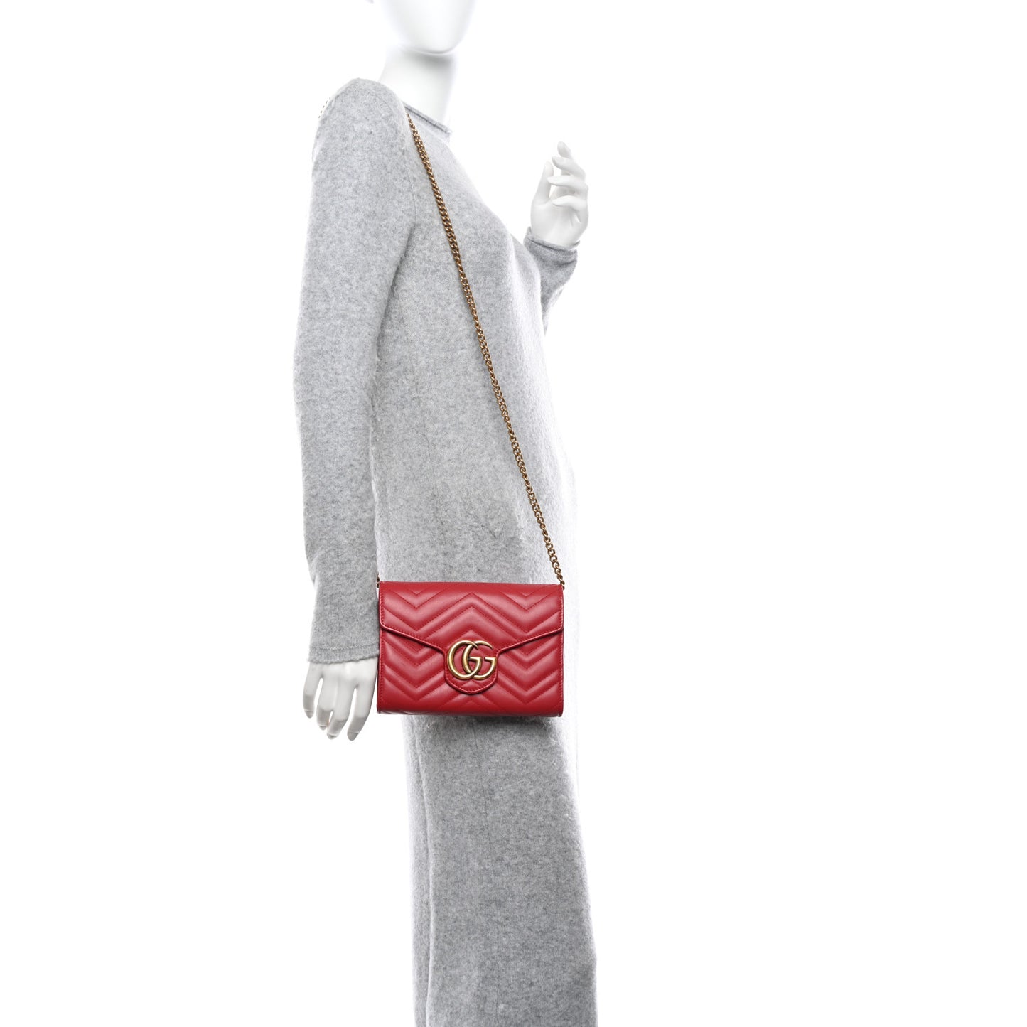 Calfskin Matelasse GG Marmont Chain Wallet Hibiscus Red