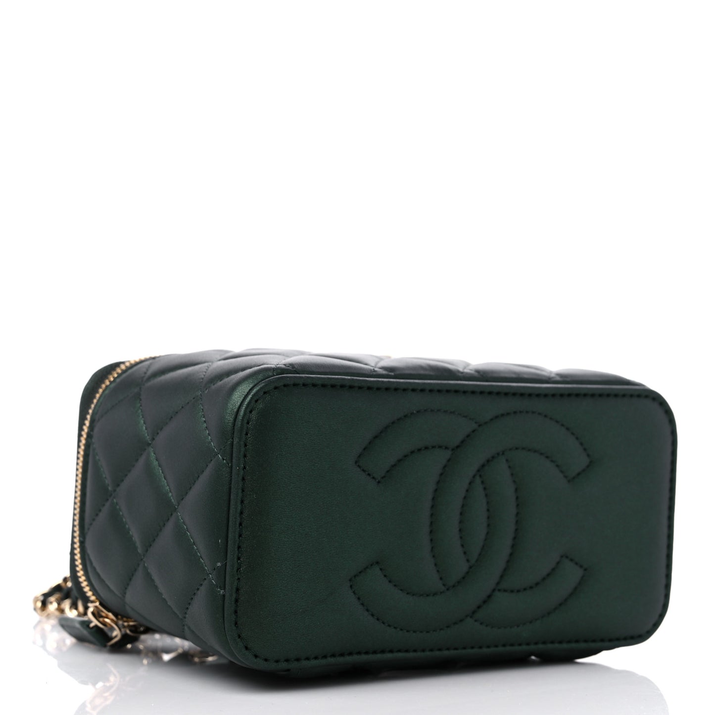 Iridescent Lambskin Quilted Small Top Handle Vanity Case With Chain Dark Green