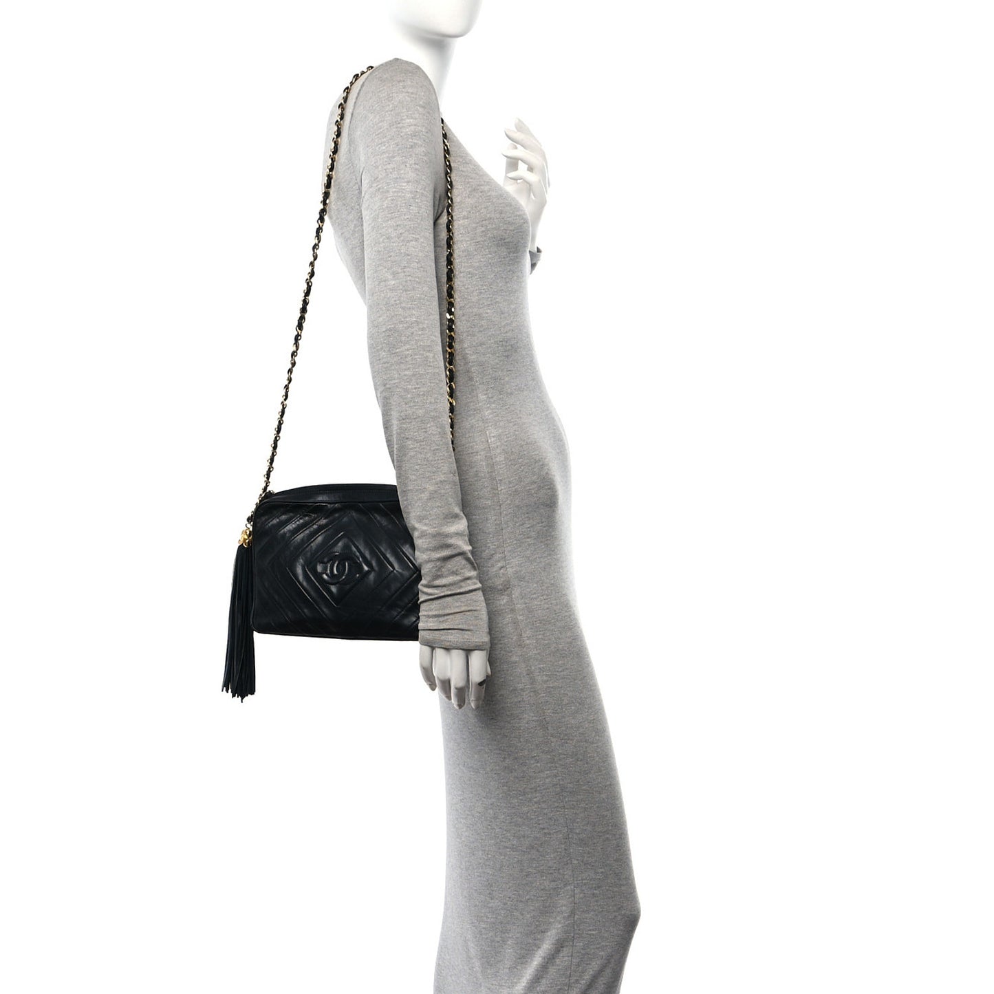 Lambskin Quilted Camera Tassel Bag Navy