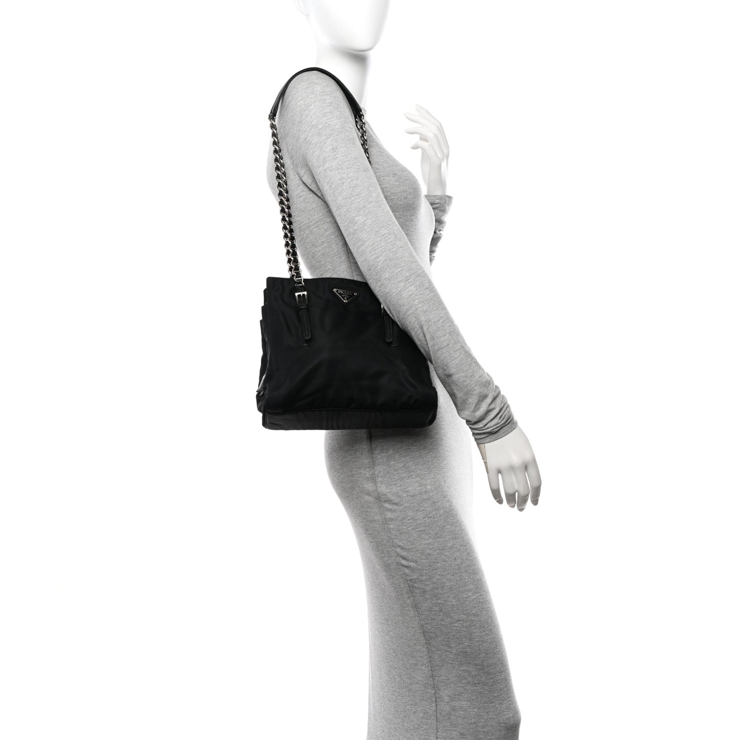 Tessuto Nylon Acciaio Chain Shoulder Bag Black
