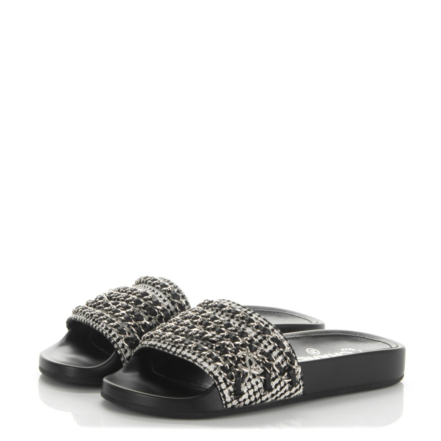Tweed Lambskin Chain Flat Sandals 35 Black White