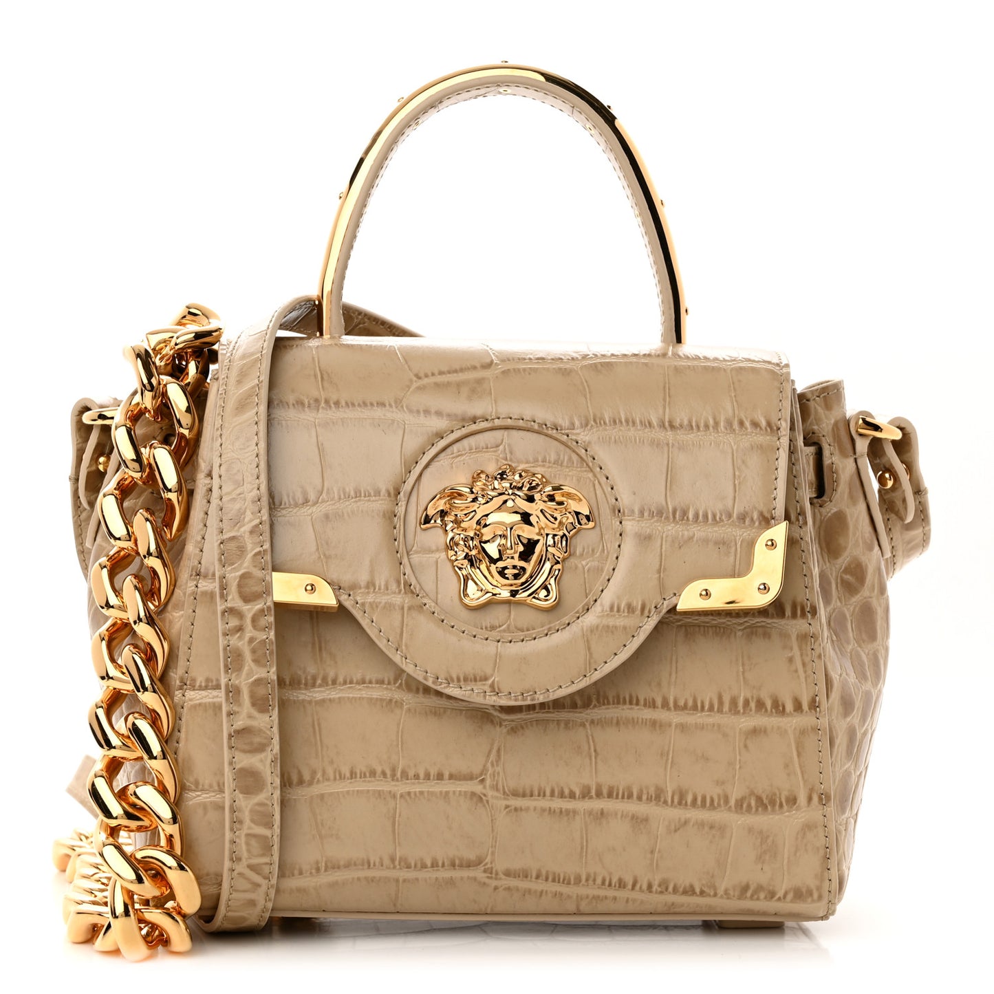 Calfskin Crocodile Embossed Small La Medusa Top Handle Bag Beige