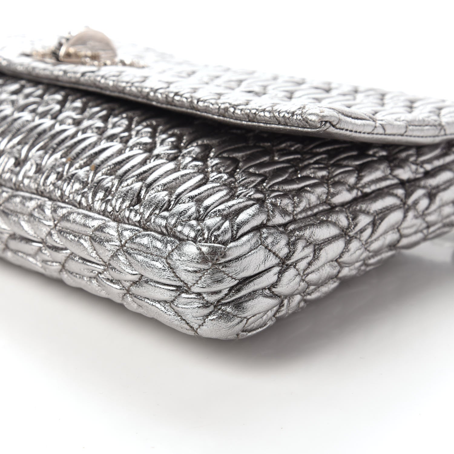 Miu Miu Metallic Nappa Matelasse Crystal Flap Clutch Cromo 7 of 10