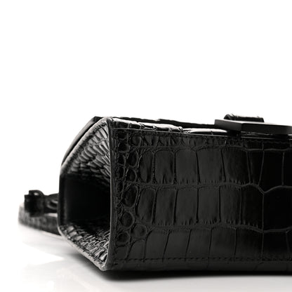 Balenciaga Calfskin Graffiti Logo Monochrome Crocodile Embossed Hourglass Top Handle Bag XS Black 8 of 14