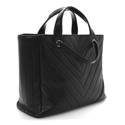 Chanel Calfskin Chevron Quilted Statement Shopping Tote Black 3 of 10