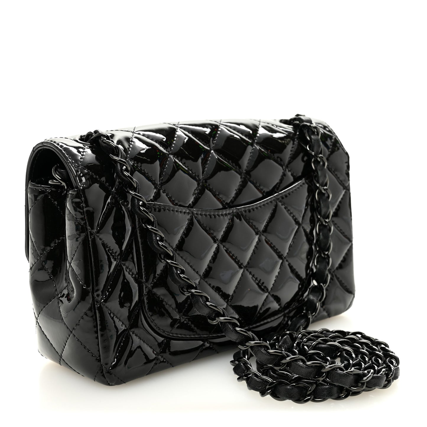 Patent Calfskin Quilted Mini Rectangular Flap So Black