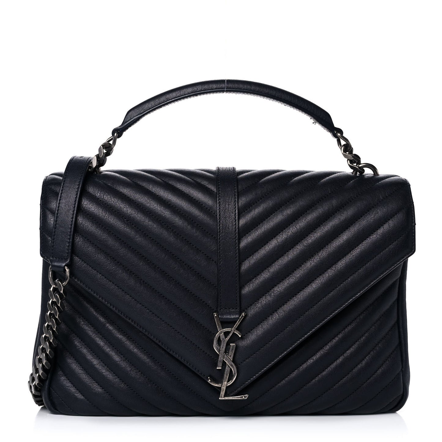Sheepskin Matelasse Chevron Monogram Large College Satchel Navy Blue
