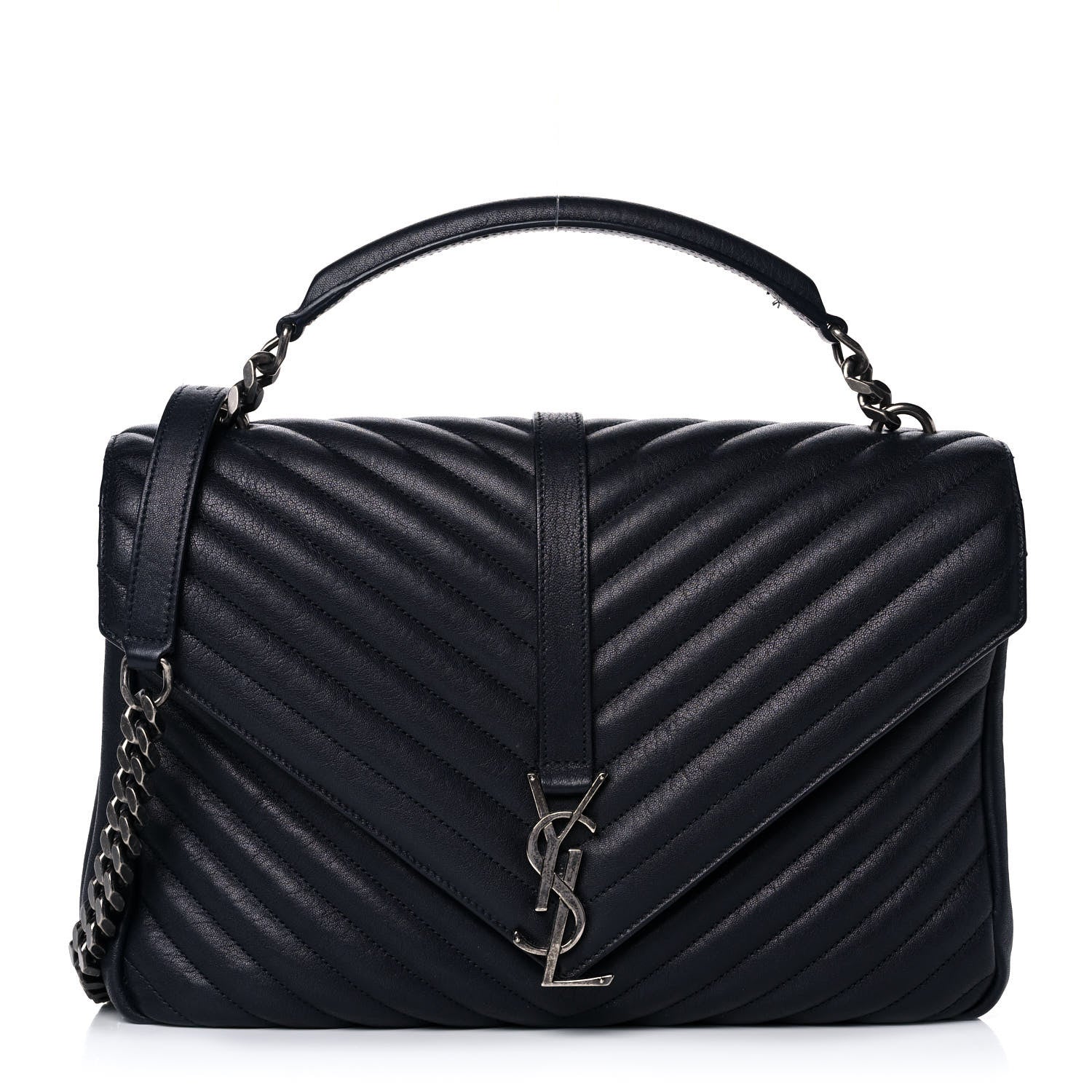 Saint Laurent Sheepskin Matelasse Chevron Monogram Large College Satchel Navy Blue 1 of 16