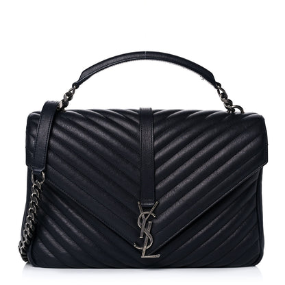 Saint Laurent Sheepskin Matelasse Chevron Monogram Large College Satchel Navy Blue 1 of 16