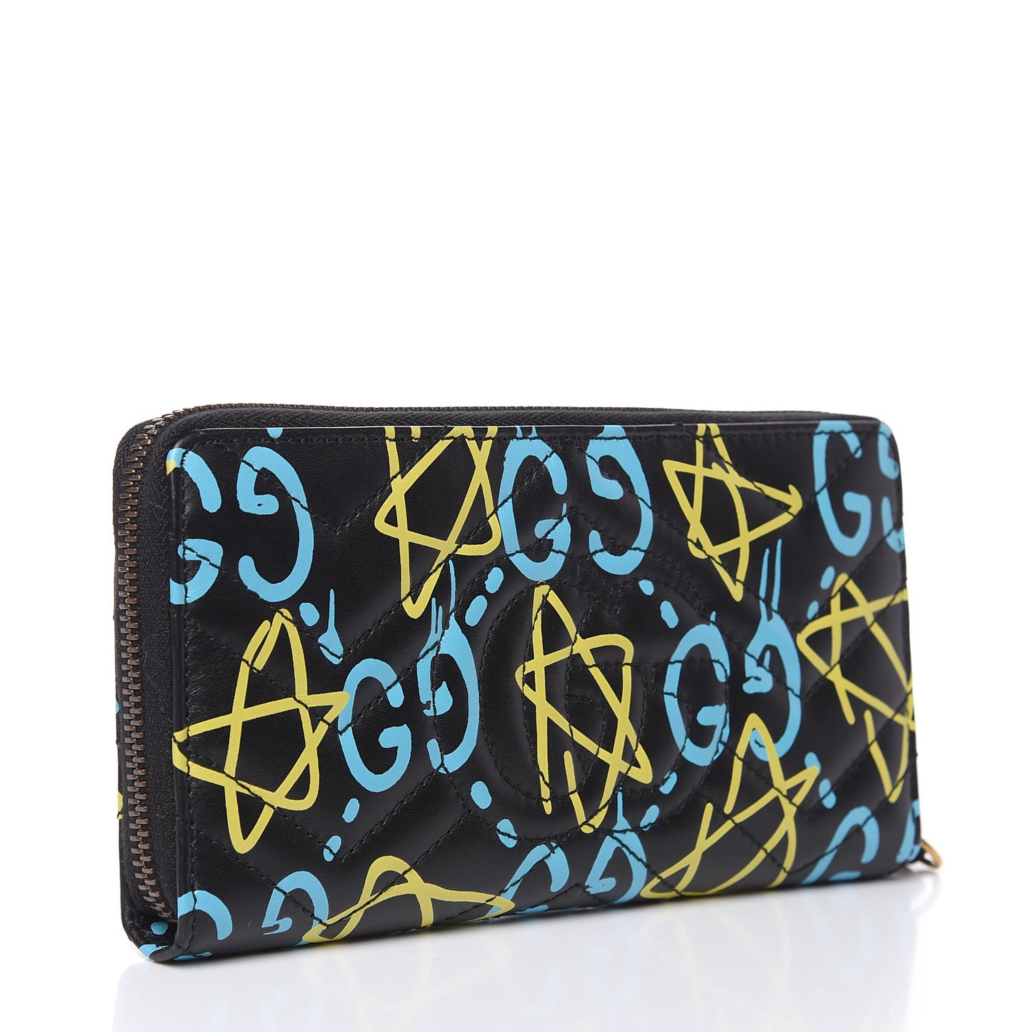 Calfskin Matelasse GucciGhost GG Marmont Zip Around Wallet Black New Acquamarine