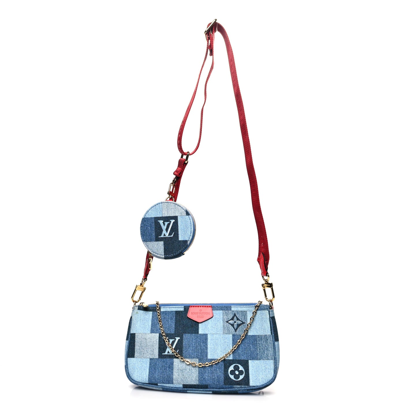 Denim Damier Monogram Patchwork Multi Pochette Accessories Blue Rouge